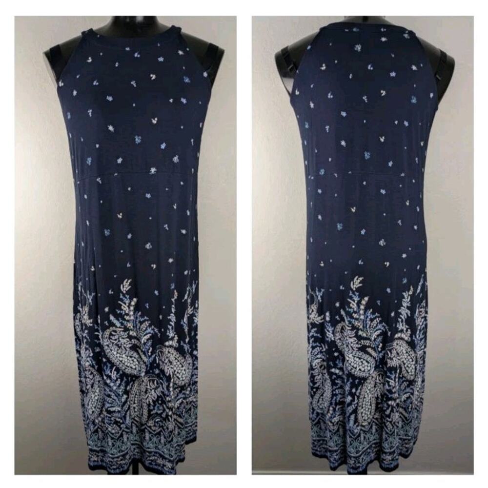 J. Jill High Neck Knit Maxi Dress Navy Blue Paisley Floral Print